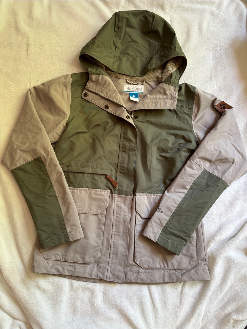 Columbia Olive Green & Taupe Colorblock Hooded Rain Jacket
